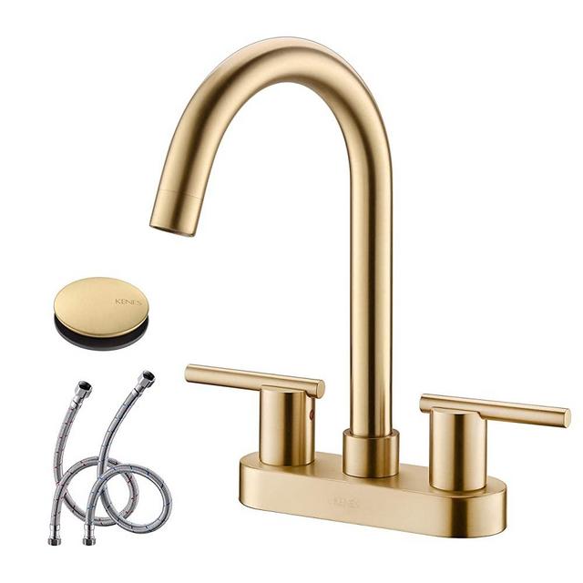 KENES Brushed Gold 4 Inch 2 Handle Centerset Bathroom Faucet, 3 Hole Gold Bathroom Sink Faucet, with Pop Up Sink Drain and Two Water Supply Lines, KE-9019-4