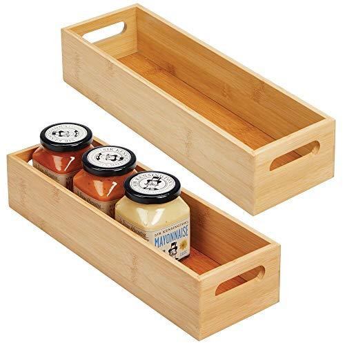 mDesign Slim Bamboo Kitchen Cabinet & Fridge Drawer Organizer Tray - Storage Bin for Cutlery, Serving Spoons, Cooking Utensils, Gadgets - 4.6" Wide, 2 Pack - Natural Wood Finish
