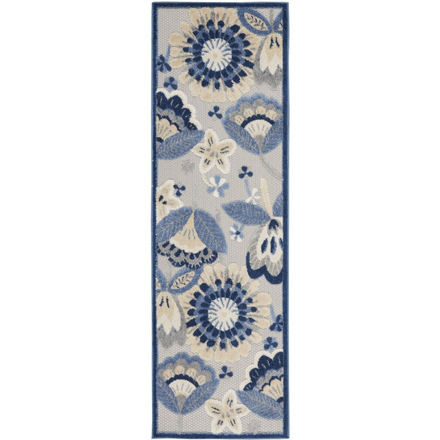 Nourison Aloha Floral Bloom Flatweave High-Low Indoor Outdoor Runner Rug Blue/Grey 2' x 6'