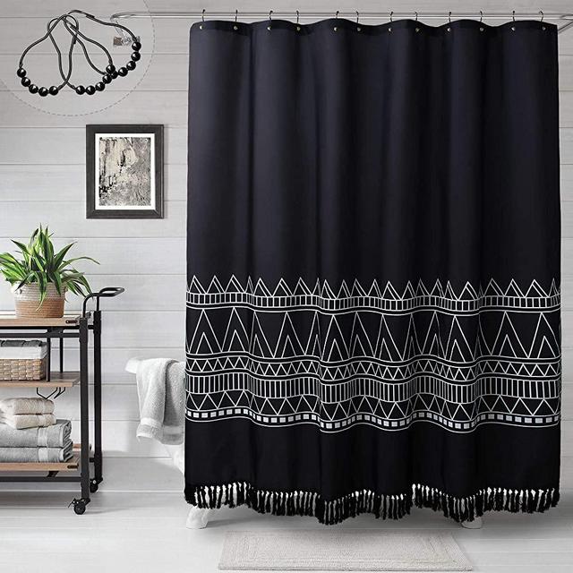 Mitovilla Black Boho Shower Curtain Set, Modern Farmhouse Tassel Shower Curtain Liner, Abstract Geometric Shower Curtain for Bathroom Decor, Tribal Fabric Standard Shower Curtain, 72 x 72
