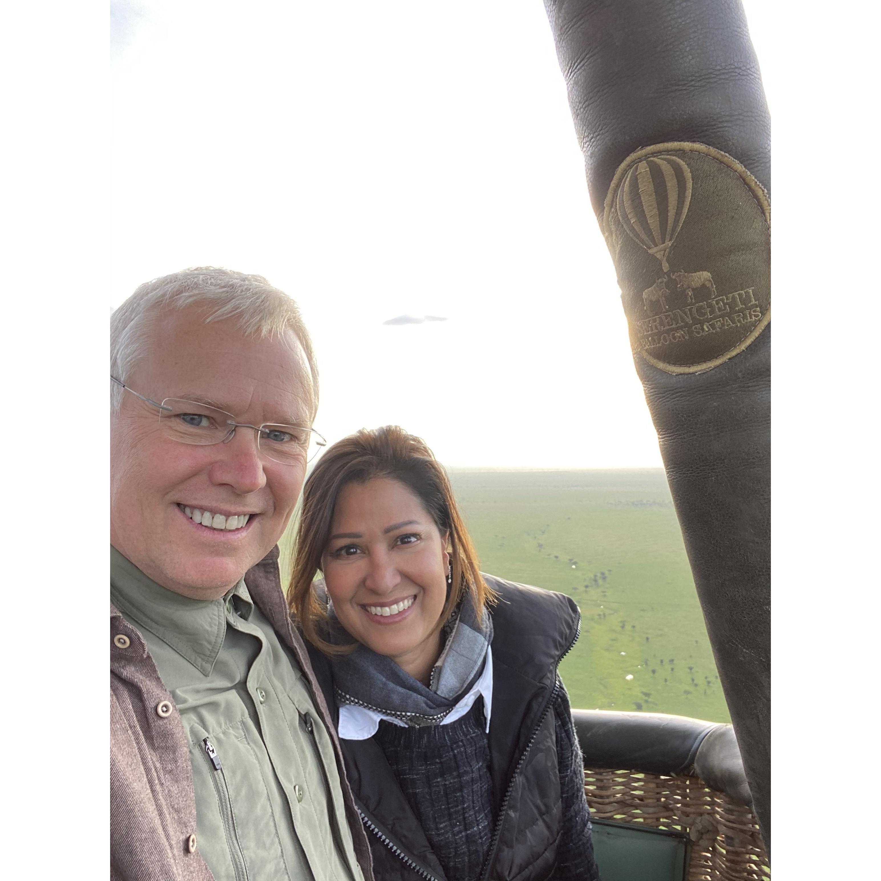Ballooning above the Serengeti plains at sunrise - we recommitted our engagement!
