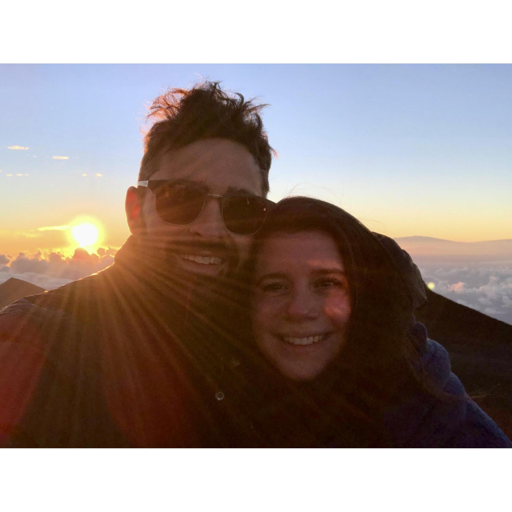 We had to wake up at 2am to catch the volcano at sunrise, so we were quite sleepy in this picture. But the view was worth it!