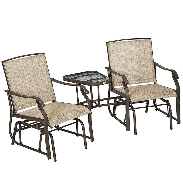Outsunny Outdoor Glider Chairs with Coffee Table, Patio 2-Seat Rocking Chair Swing Loveseat with Breathable Sling for Backyard, Garden, and Porch, Light Brown