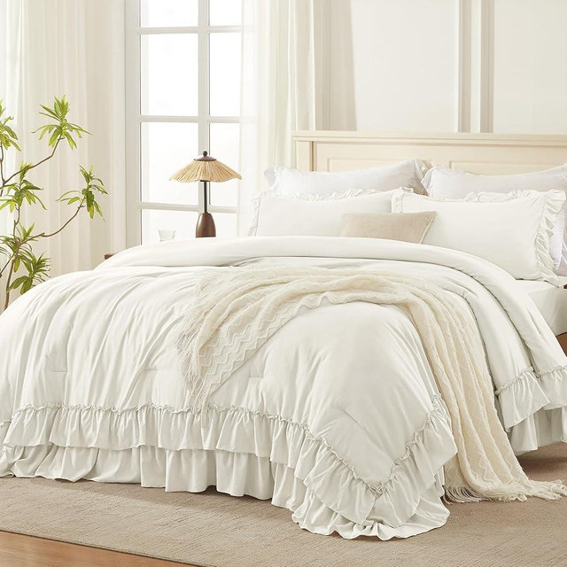 Andency Ivory King Size Comforter Set, Shabby Chic Bedding Comforter Set for All Seasons, 3 Pieces Lightweight Soft Western Modern Bed Set for Women Girls