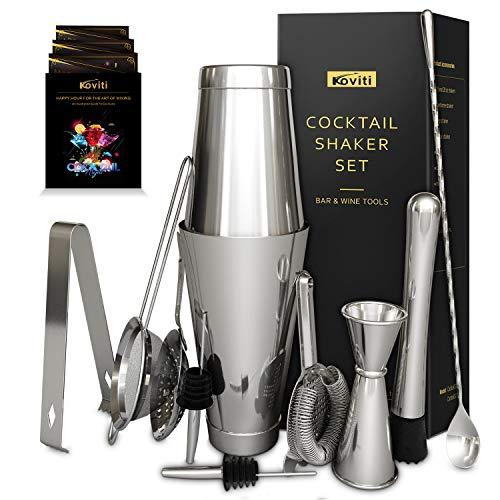 12 Piece Cocktail Shaker Set, Koviti Stainless Steel Bartender Kit - 18 and 28 oz Shakers,Cocktail Strainer Set,Cocktail Muddler&Spoon,Measuring Jigger,2 Liquor Pourers,Ice Tong and Recipes Booklet