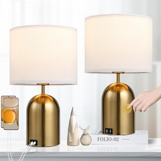 Touch Lamps for Nightstand Bedside Bedroom Set of 2 Table Lamps Touch Control 3-Way Dimmable Lamps Small Modern Table Lamp White& Gold with USB Type C Ports for Living Room End Table Home Office