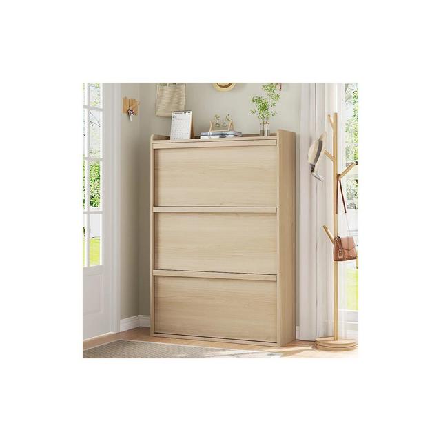Adjustable Wooden Shoe Organizer Cabinet with 3 Flip Drawers, Shoe Storage for Entryway, Hallway, Living Room, Natural Oak