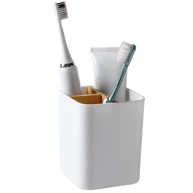 Bamboo Toothbrush Holder for Bathrooms, 3 Slots Toothbrush and Toothpaste Holder Bathroom Counter Organizer for Electric Toothbrushes, Floss, Razors - White
