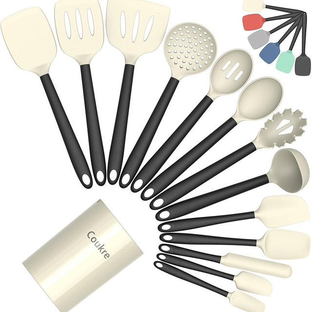 Coukre Silicone Kitchen Cooking Utensils Set with Holder – Heat-Resistant, Food-Grade Kitchen Tools, Spatula, Spoon & Gadgets for Non-Stick Pans, Dishwasher Safe (14, Beige)