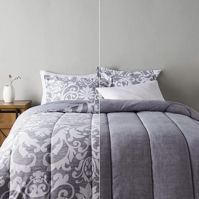 Amazon Basics Ultra-Soft Light-Weight Microfiber Reversible Comforter Bedding Set - King, Grey Medallion