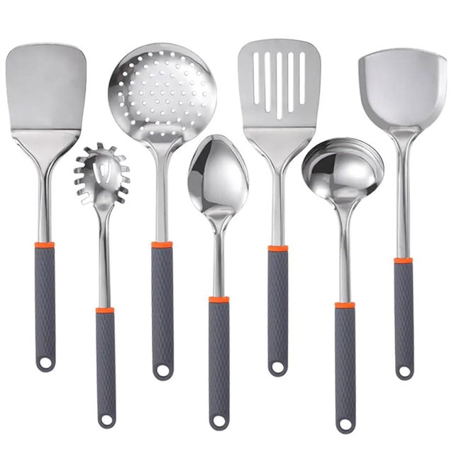 KevBhaso 7-Piece Kitchen Utensil Set for Non-Stick Cookware - Stainless Steel with Silicone, Heat Resistant, Easy Grip, Gray & Orange