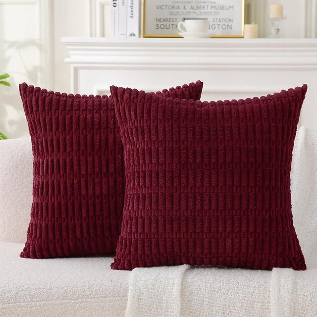 WHATWEARS 2 Pack Corduroy Decorative Throw Pillow with Inserts, 18x18 Inch Soft Boho Throw Pillow, Square Striped Throw Pillows for Couch, Bed, Sofa Decor (Burgundy)