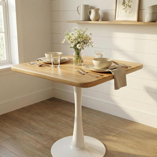 23.6" Square Small Dining Table for 2, Tulip Bistro Table with White Metal Pedestal Base, Modern Mid-Century Compact Kitchen Dining Piece for Home, Café, Restaurant, or Office