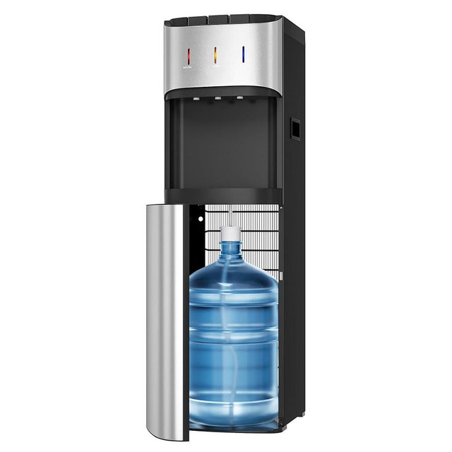 Tehanld Bottom Loading Water Cooler Dispenser for 3 or 5 Gallon Bottles, Stainless Steel Water Dispenser with Hot, Room & Cold Water, Child Safety Lock,Nickel Silver