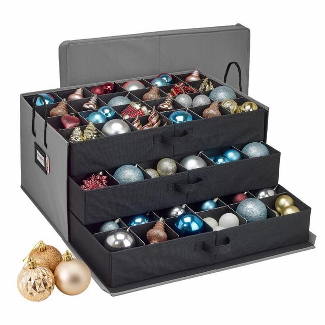 HOLDN’ STORAGE Christmas Ornament Storage Box with Dividers, Holds Up to 72 Ornaments (4 Inches), Large Organizer with 3 Stackable Trays - Gray