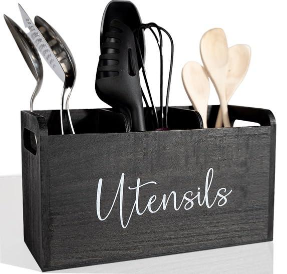 Elevated Haven Black Kitchen Utensil Holder |3 Compartments 12in x 5in x 7in | Wooden Utensil Holder | Utensil Holder for Countertop | Kitchen Storage|Kitchen Countertop Organizer|Kitchen Organization