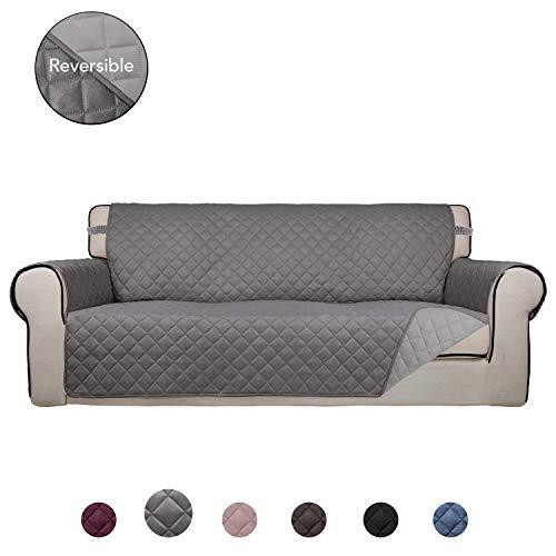 PureFit Reversible Quilted Sofa Cover, Water Resistant Slipcover Furniture Protector, Washable Couch Cover with Non Slip Foam and Elastic Straps for Kids, Dogs, Pets (Oversized Sofa, Gray/LightGray)
