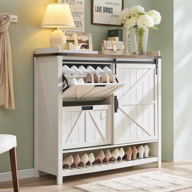 T4TREAM Shoe Cabinet Storage with 2 Flip Drawers & Sliding Door, 4-Tier Adjustable Shelves, Farmhouse Shoe Organizer for Entryway, Large Freestanding Wooden Shoe Storage for Front Door Entrance,White