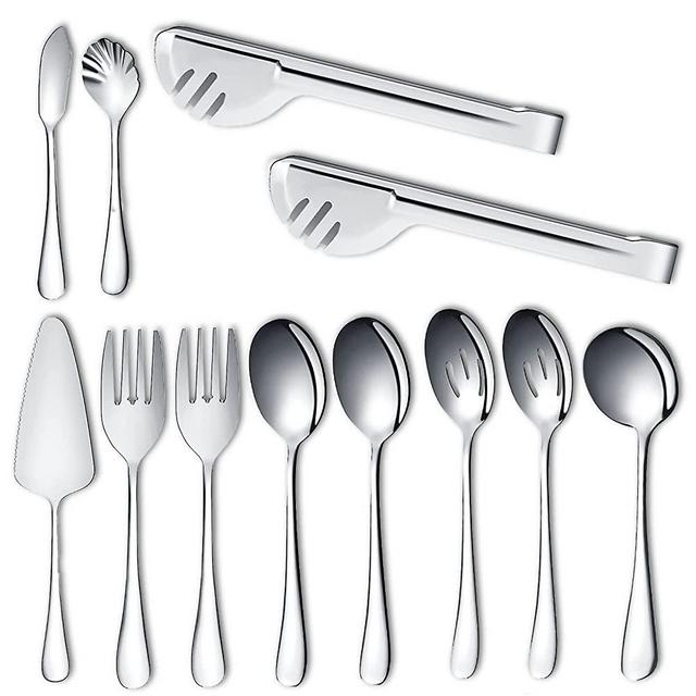 Stainless Steel Serving Utensil, 12 Pcs Catering Serving Utensils Set with Large Serving Spoon,Slotted Spoons,Serving Forks,Soup Ladle,Serving Tongs,Pie Server,Butter Knife for Parties,Kitchen,Buffet…