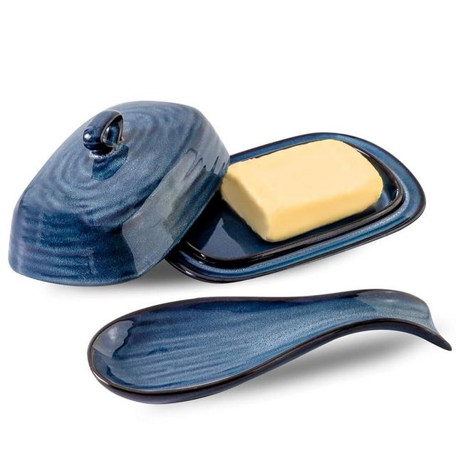 Hasense Ceramic Spoon Rest and Butter Dish Set, 2 Pieces Navy Reactive Glaze Dinnerware Accessories Set Perfect for Home Decor, Kitchen Housewarming Gift