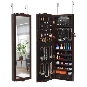 LANGRIA Full-Length Lockable Wall-Mounted Over-the-Door Hanging Jewelry Cabinet Armoire with LED Lights 3 Adjustable Heights Classy Accessories Organizer with 2 Drawers and Carved Design (Brown)