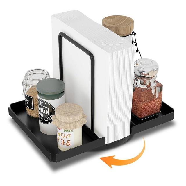 Napkin Holder for Table, 360° Rotating Metal Napkin Holder with Salt and Pepper Shakers Caddy, Standing Paper Napkin Storage for Kitchen Dining Table Decor, Black