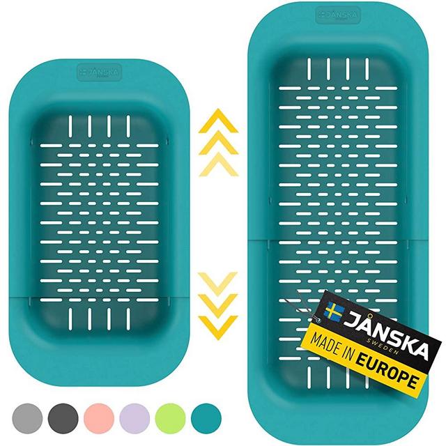Janska 3-in-1 Adjustable Over The Sink Colander, 30% Heavier Duty, Sink Strainer, Rinse - Drain - Dry, European Made, Non BPA, Extendable, Heat Resistant (7.8" W x 13.5-19.3" L x 3.3" H), Teal