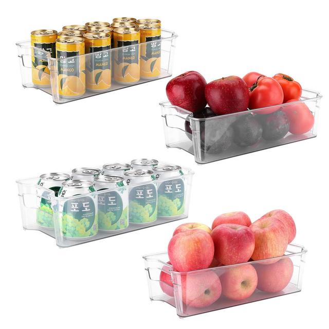[4 Pack] Puricon Refrigerator Organizer Bins, Stackable Clear Plastic Fridge Organizers Freezer Storage Containers with Handles for Kitchen Pantry Cabinets Cupboard