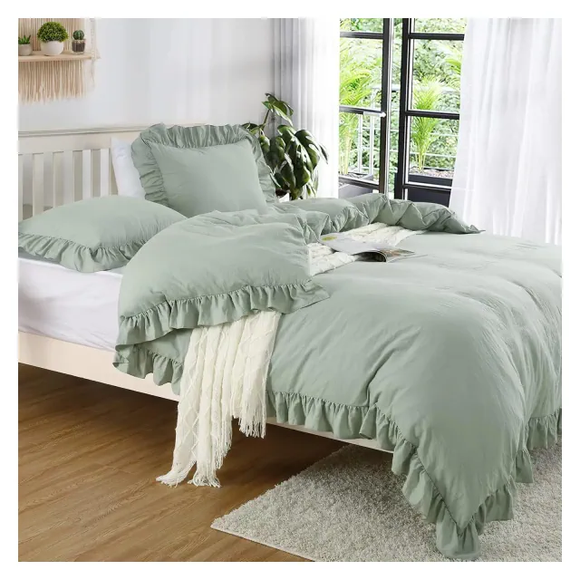 Ruffle Duvet Cover King Size, 3PCS Soft Washed Microfiber Vintage French Country Duvet Cover Set with Button Closure, Sage Green, 104x90 in