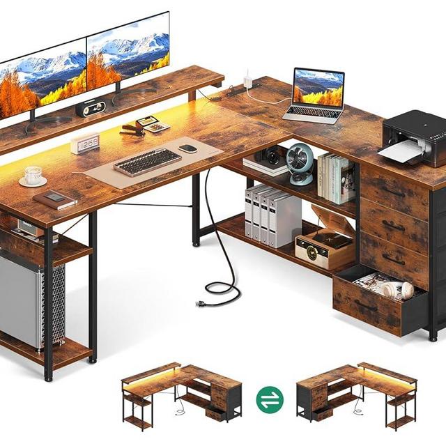 AODK 61" L Shaped Desk with Drawer, Computer Desk with Power Outlets & LED Lights, Reversible Corner Gaming Desk for Home Office Workstation, Office Desk with Monitor Shelf, Vintage