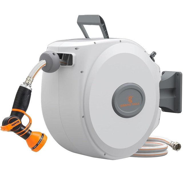 Giraffe Tools CW20 Retractable Garden Hose Reel 5/8" x 60 ft Heavy Duty Water Hose Reel, Swivel Bracket, Any Length Lock, Light Grey