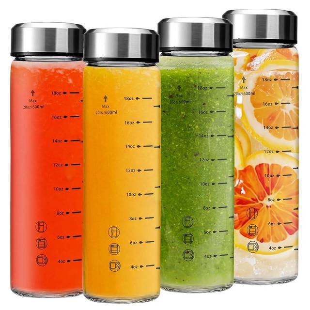 Olivego 20oz Juice Bottles - 4 Pack Wide Mouth Glass Bottles with Lids- BPA Free, Stainless Steel Lids for Juicing, Smoothies, Infused Water, Beverage Storage - Leakproof, Borosilicate, Clear
