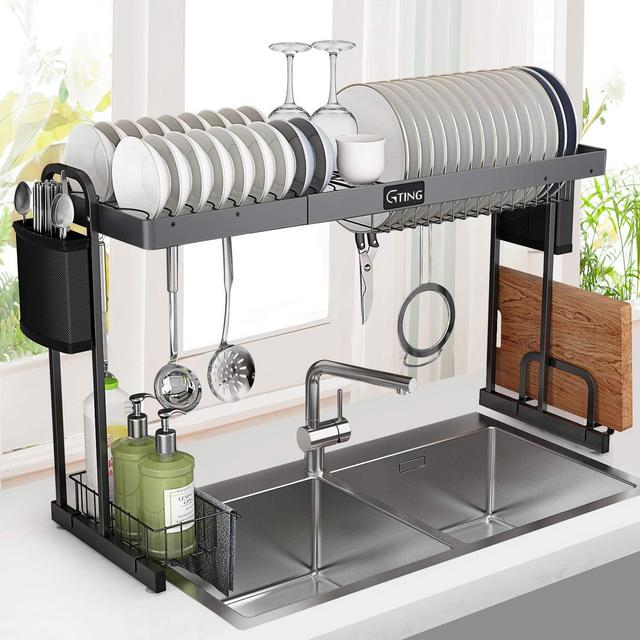 Over Sink Dish Rack, G-TING Expandable Dish Drying Rack (27.5- 33.5), Large Dish Drainer Shelf with Utensil Holder, Over the Sink Kitchen Stainless Steel Storage Rack Space Saver Display Stand