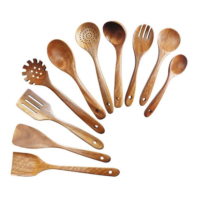 GEEKHOM Wooden Utensils Set, 10 Pcs Kitchen Cooking Spatulas Set for Non Stick Cookware, Natural Spatula Ladle Spoon for Cooking, Stirring, Baking