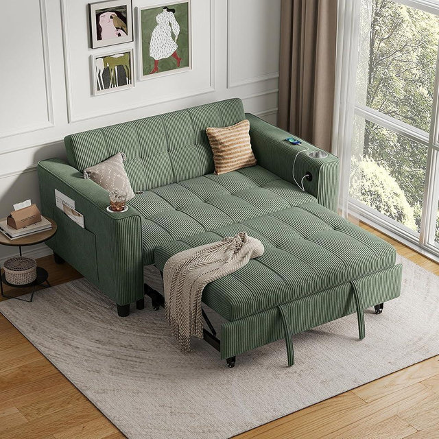LINSY 3-in-1 Convertible Sofa Bed, 54" Pull Out Sleeper Sofa with Charging Station & Cup Holder, Small Corduroy Couch Folding Loveseat with Side Pocket for Small Space, Green