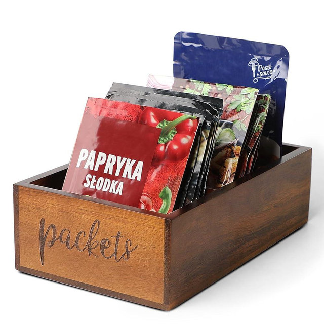 LBEMEY Packet Organizer,Acacia Wood Packet Storage Organizer with 3 Compartments,Farmhouse Kitchen Organization for Spice, Gravy, Taco, and Dressings Packets for Kitchen, Pantry, Cabinet, Countertop