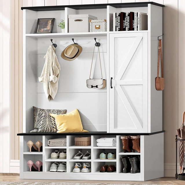 4ever2buy 79 Inch Hall Tree with Shoe Storage, Farmhouse Mudroom Hall Tree with Bench and Shoe Storage, Shoe and Coat Rack for Entryway, Coat Rack with Mudroom Bench