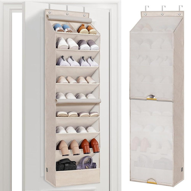 STORAGE MANIAC Over the Door Shoe Organizer with Curtain Dustproof Heavy-Duty Large Deep Pocket Hanging Shoe Organizer for Closet Dorm & Narrow Door Storage Shoe Holder Shoe Rack, 9-Shelf Beige 1 Pack