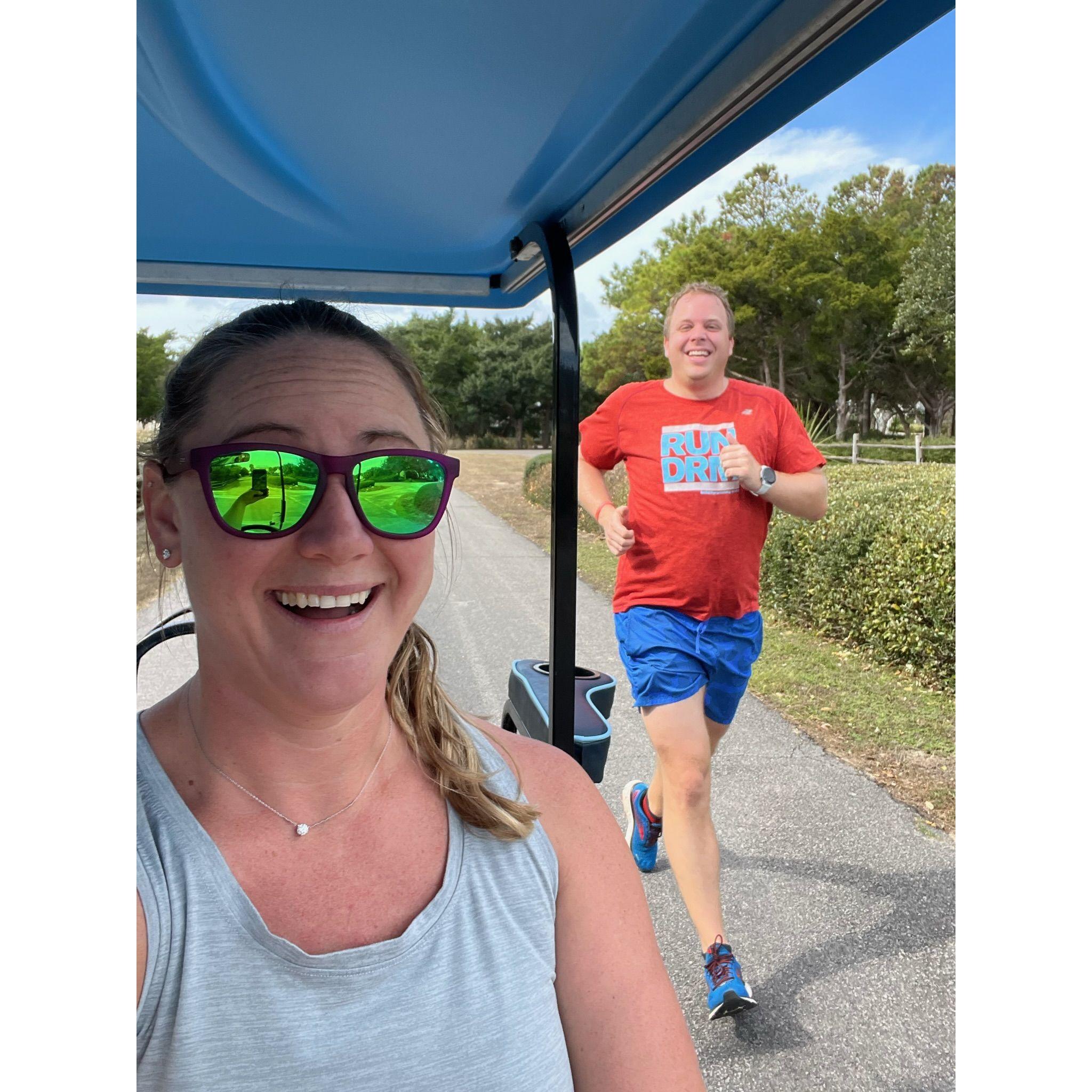Pearce had to stay in shape so he had a cheer squad on the golf cart.