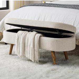 Beige - 43.5" Ottoman with Storage, Storage Ottoman Bench with Safety Hinge, Linen End of Bed Bench, Upholstered Entryway Bench for Bedroom, Living Room & Window, Holds up to 330 lb, Beige