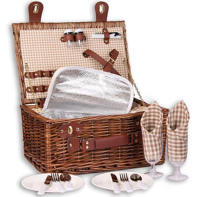 SatisInside Picnic Basket for 2 Wicker Picnic Set with Insulated Liner for Camping,Wedding,Valentine Day,Gift - Reinforced Handle - Coffee
