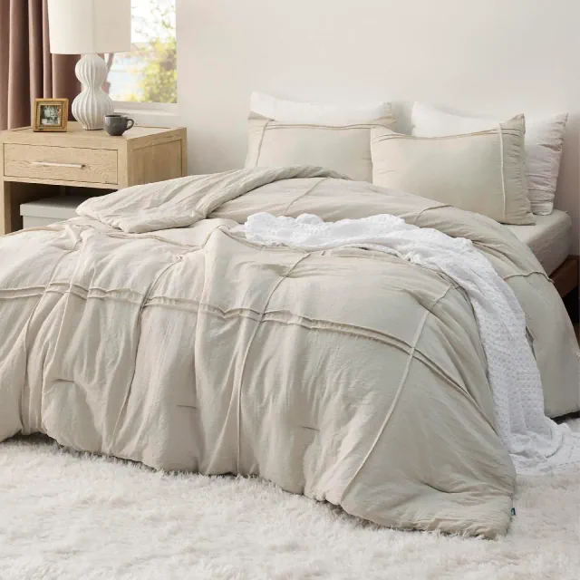 Bedsure | 4 Pcs Cal King Size Comforter Set with Sheet Grid Pinch Pleat Soft Boho Bedding Beige
