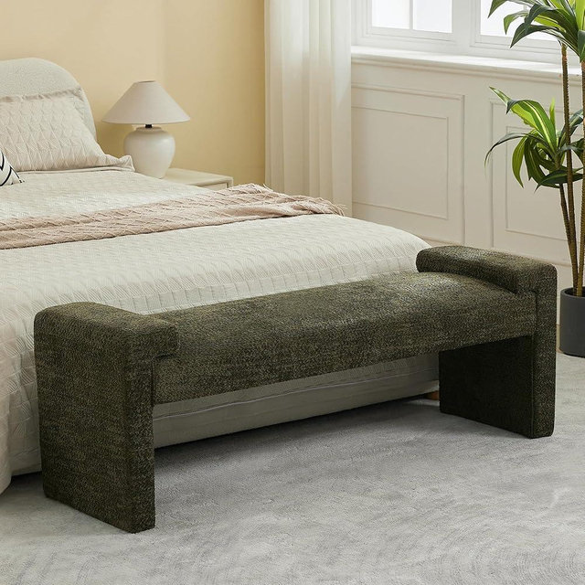 WUTUTUEE 58.7" End of Bed Bench Upholstered Modern Bedroom Bench for Living Room & Entryway, Easy Assembly, Footrest Ottoman Accent Window Bench with Solid Wood Frame & Curved Arm, Green