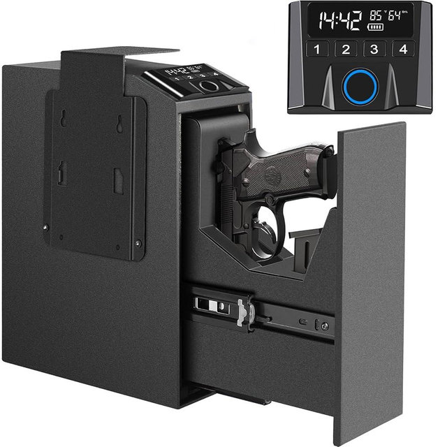 Slider Hidden Handgun Safe, Biometric Fingerprint Smart Pistol Safe for Nightstand, Desk, Bedside - Auto Sliding Door- Fingerprint, PIN Code, KEY Access (Classic)