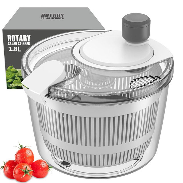Ourokhome Salad Spinner Lettuce Dryer, Hand-crank Rotary Vegetable Dryer Veggie Washer with Transparent Bowl and Colander for Greens, Herb, Berry, Fruits, Macaroni, 2.8 QT, White