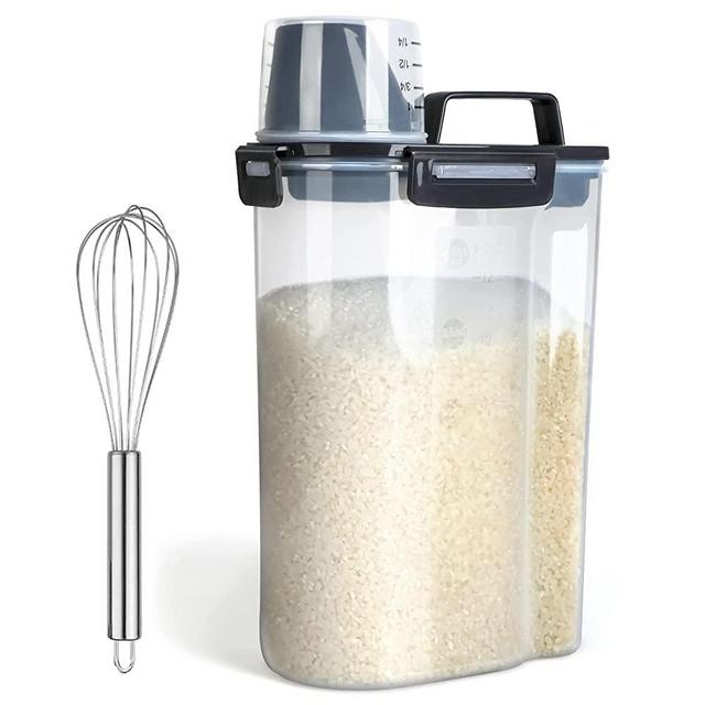 Uppetly Rice Airtight Dry Food Storage Containers, BPA Free Plastic Storage Bin Dispenser with Pourable Spout, Measuring cup for Cereal, Flour and Baking Supplies, Include a Stainless Steel Whisk Dark Grey