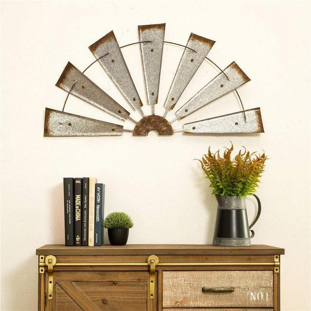 Glitzhome 32" Rustic Galvanized Metal Half Windmill Wall Sculpture Farmhouse Wall Art Home Decor