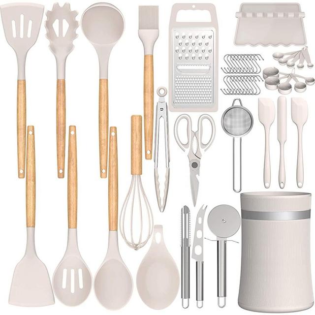 Silicone Cooking Utensils Kitchen Utensil Set, AIKKIL 32pcs Non-stick Kitchen Cooking Utensil Spatula Set with Holder, Heat Resistant Wooden Handle Khaki Kitchen Gadgets Tools Set