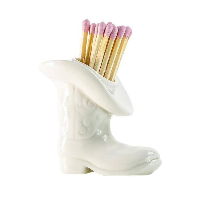 Pexguka Cowboy Boot Match Holder With Striker - Ceramic cowgirl boots coastal Western home decor aesthetic, Matchesboxes For pink Bathroom Bedroom Glossy White