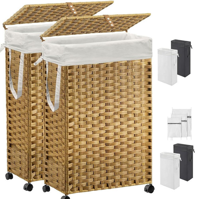 70L Slim Laundry Hamper with Lid & Wheels, 2-Park Rolling Laundry Basket with 4 Removable Liner Bags & 3 Mesh Bags, Narrow Dirty Clothes Basket, Foldable Handwoven Rattan Laundry Sorter, Natural